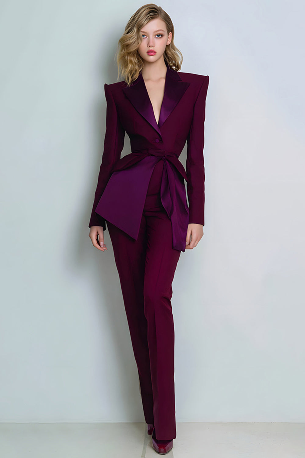 2-Piece Burgundy Women Suits With Belt