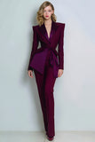 2-Piece Burgundy Women Suits With Belt