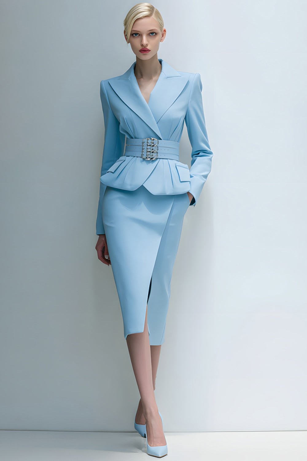 Blue Pencil 2-Piece Peak Lapel Work Suits With Belt