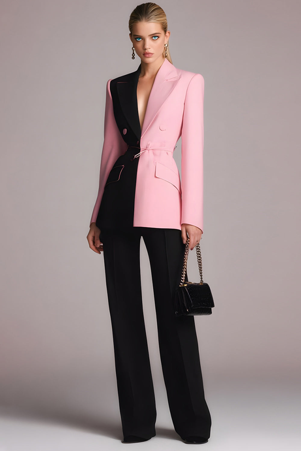 Black Pink Peak Lapel Colorblock 2-Piece Women Suits