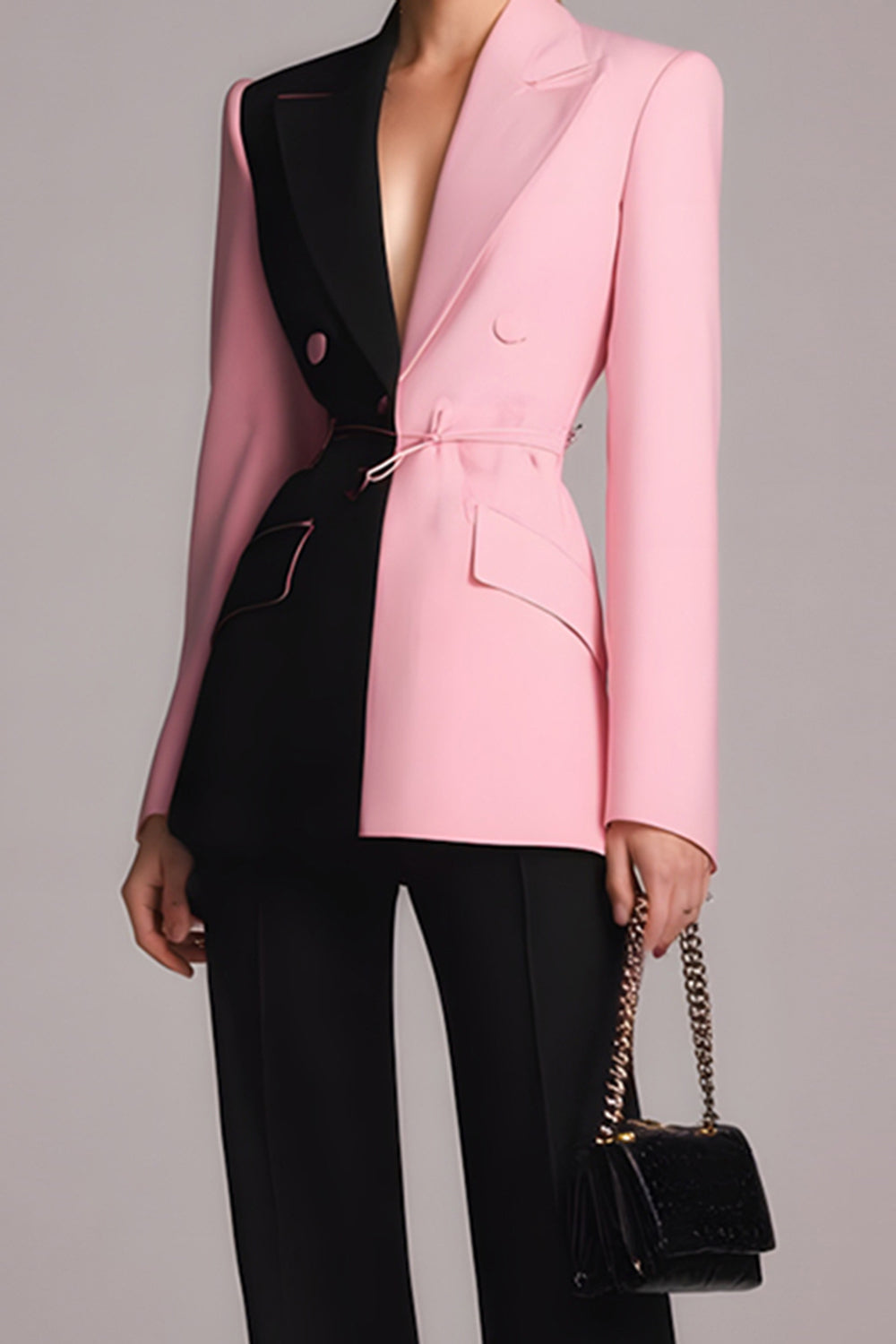 Black Pink Peak Lapel Colorblock 2-Piece Women Suits