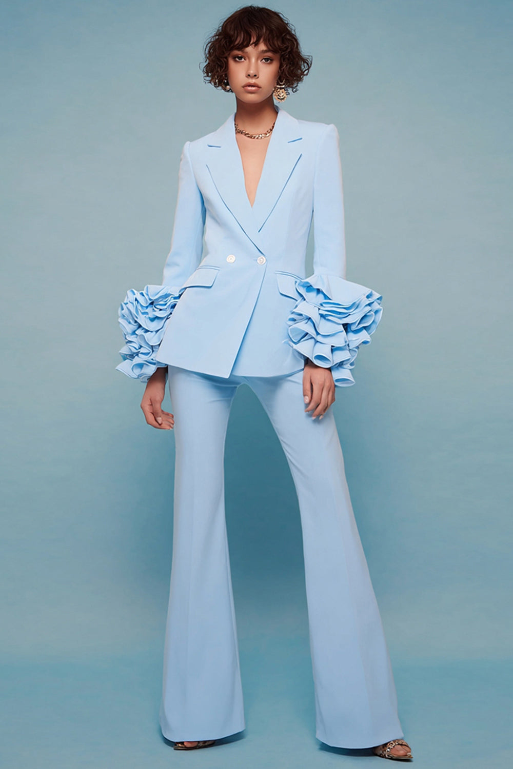 Blue 2-Piece Notched Lapel Women Suits With Ruffle Sleeves