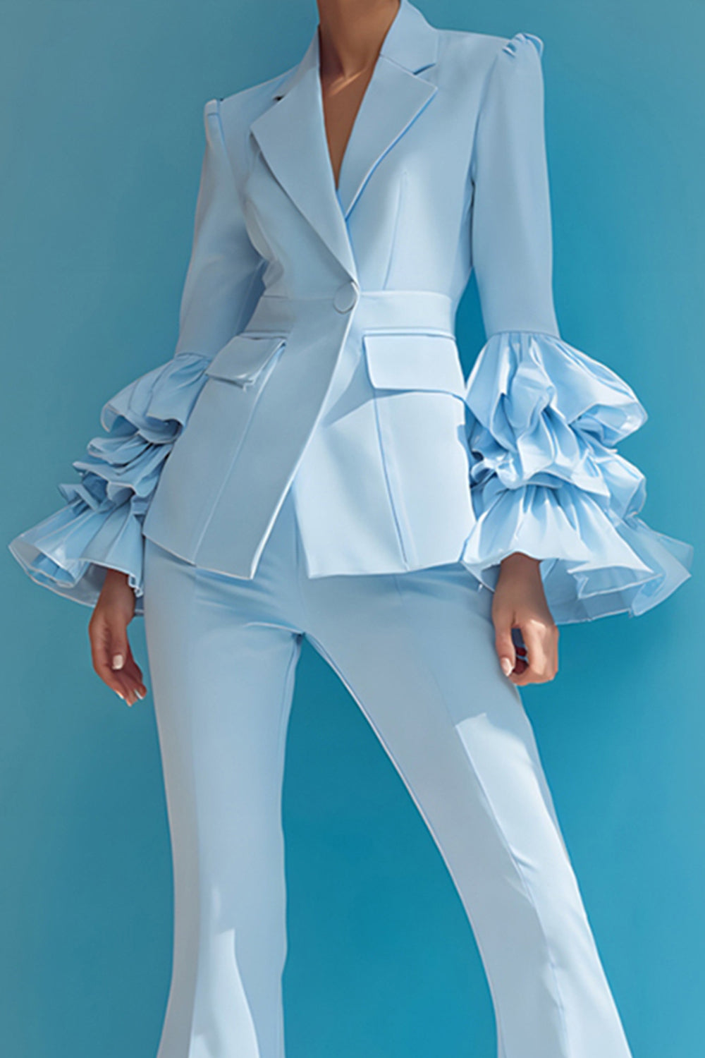 Blue 2-Piece Notched Lapel Women Suits With Ruffles
