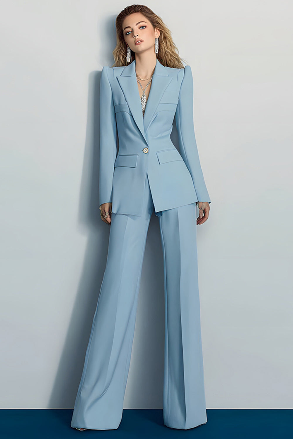 2-Piece Peak Lapel Slim Fit Grey Blue Women Suits