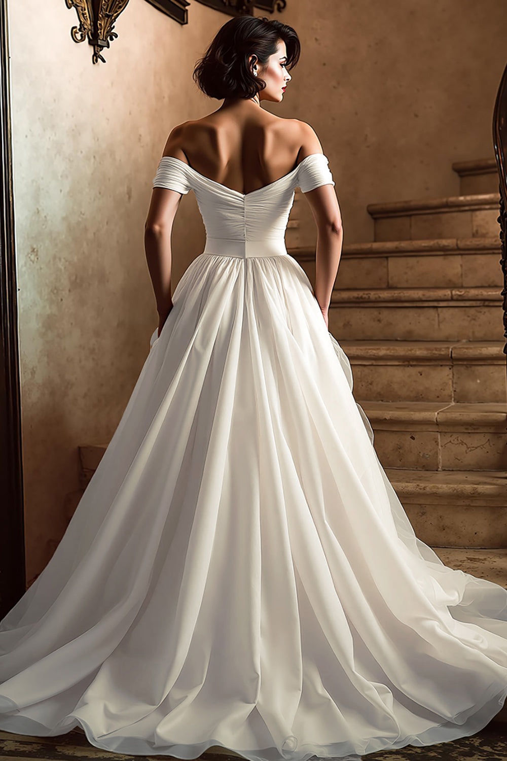 Off The Shoulder White A-Line Wedding Dress With Slit