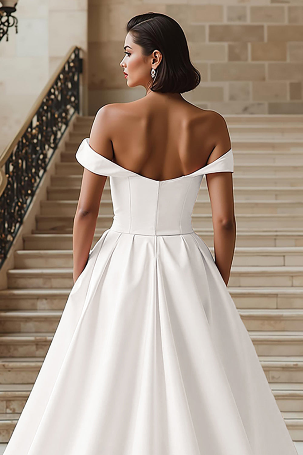 White A-Line Off The Shoulder Wedding Dress With Slit