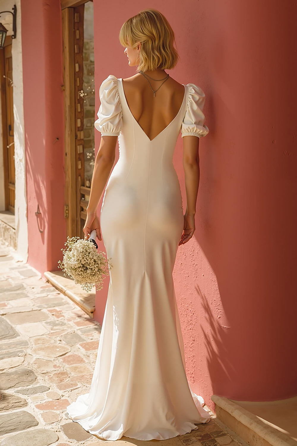 White Mermaid Puff Sleeve Maxi Wedding Dress With Slit