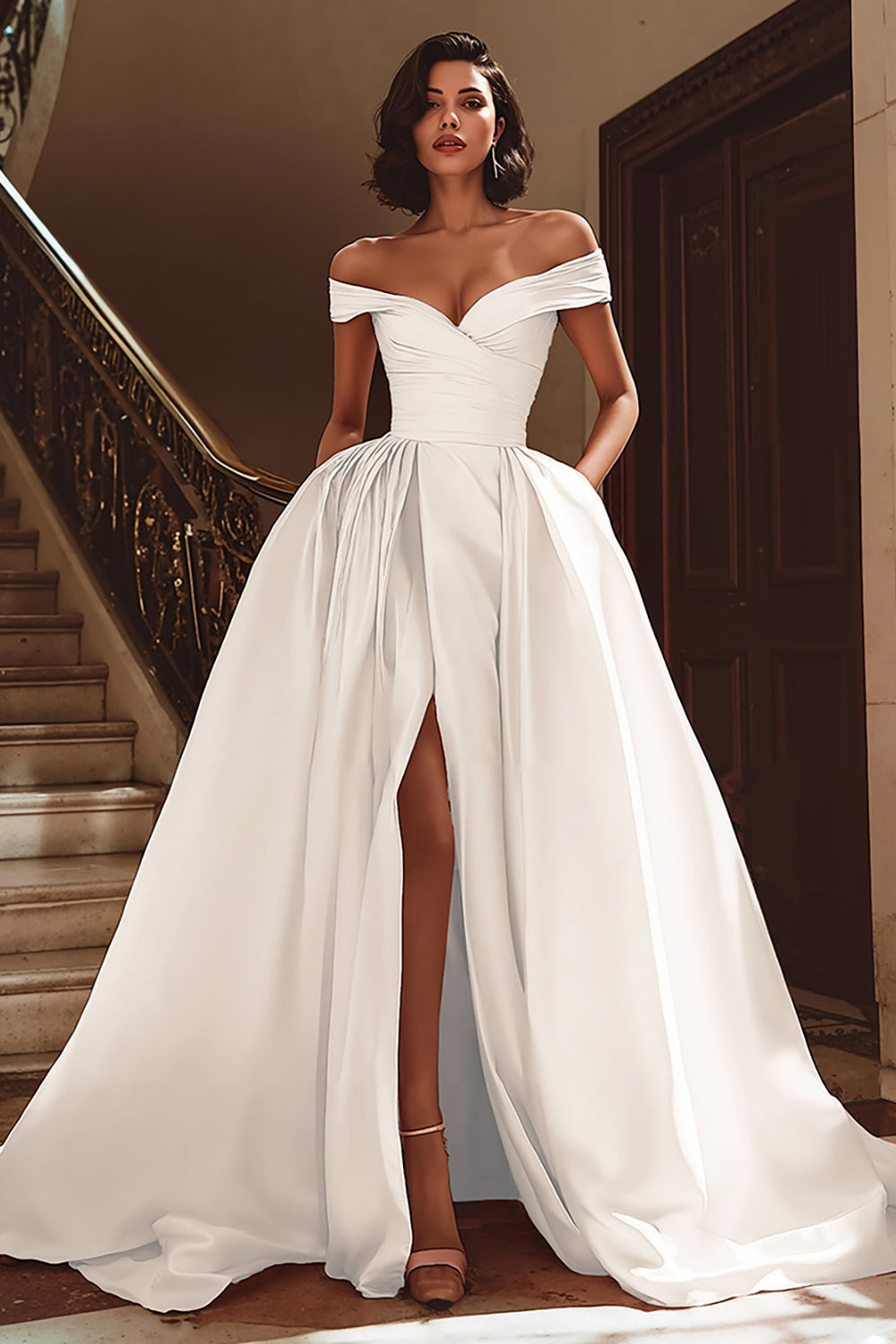 White Off The Shoulder A Line Bridal Gown Dress With Slit