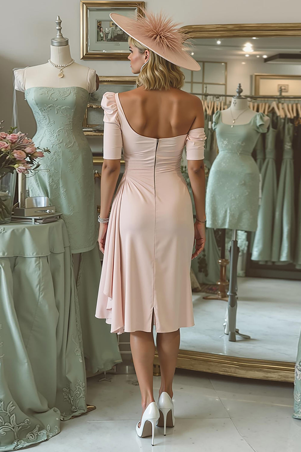 Blush Pink Ruched Asymmetrical Neck Midi Mother Of The Bride Dress