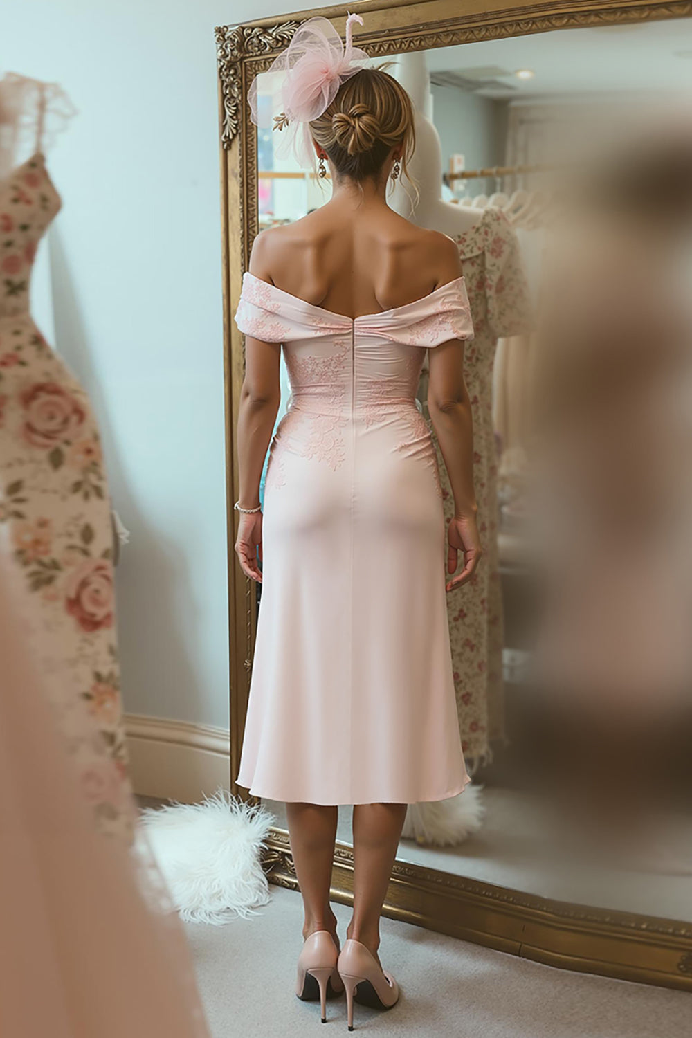 Blush Pink Off The Shoulder Midi Mother Of The Bride Dress With Slit