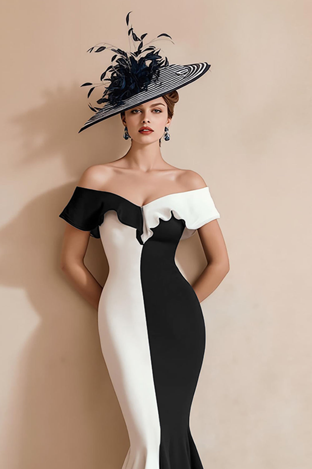 Off The Shoulder Mermaid Black and White Mother of the Bride Dress