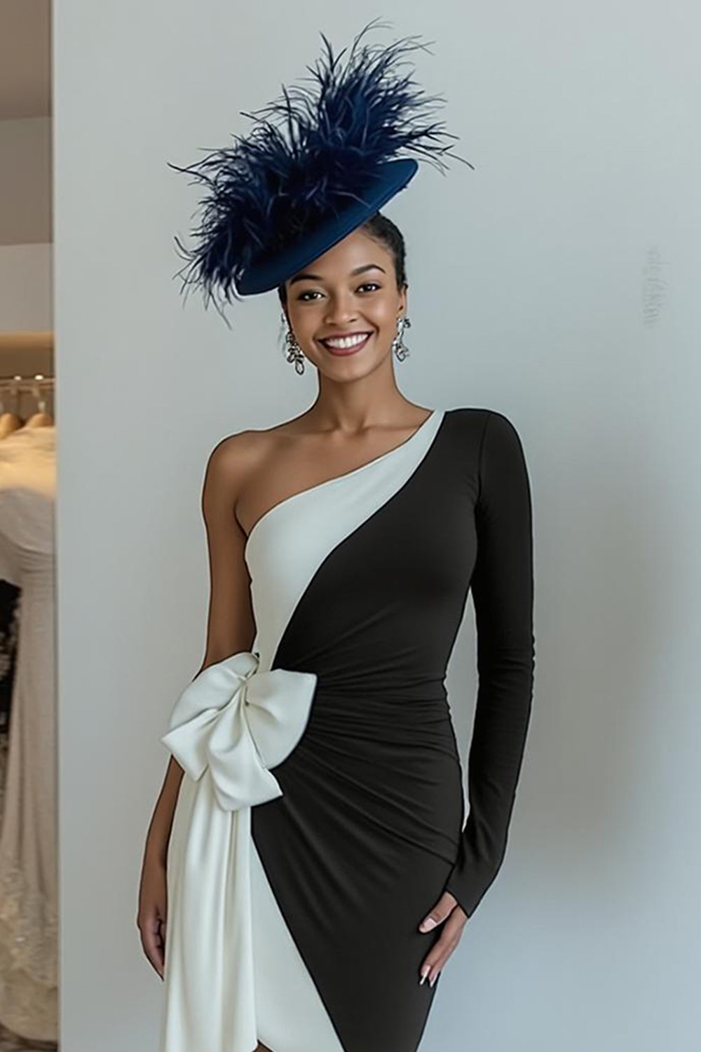 Black and White One Shoulder Bodycon Mini Dress With Bow