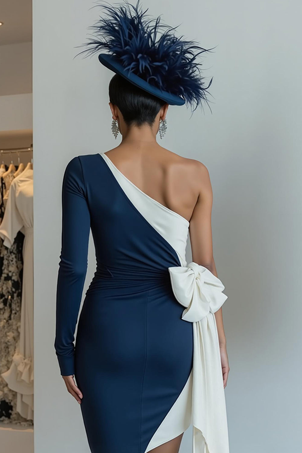 Black and White One Shoulder Bodycon Mini Dress With Bow