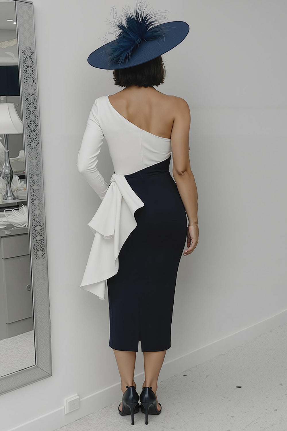 One Shoulder Black and White Midi Mother Of The Bride Dress With Sash