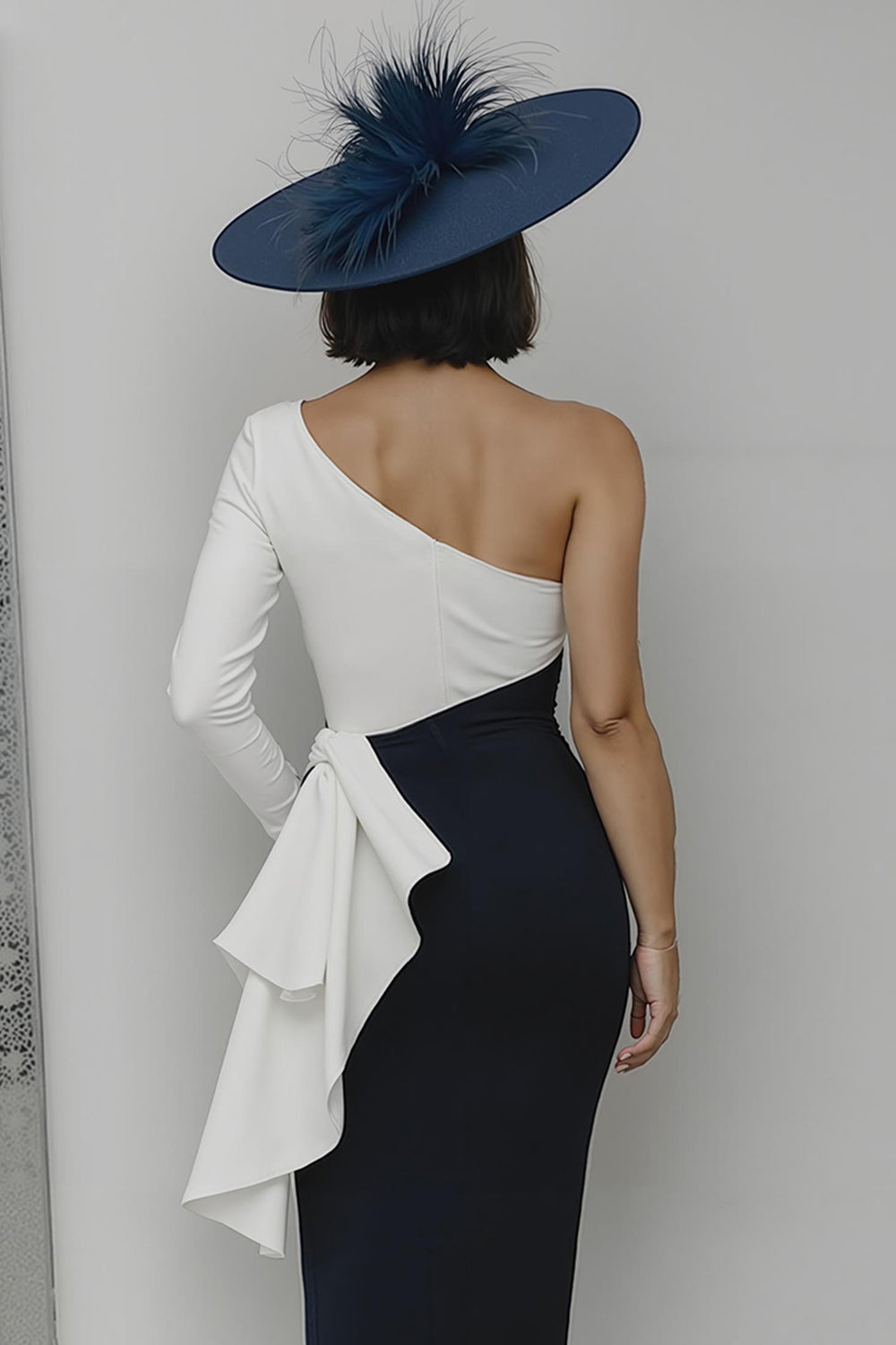 One Shoulder Black and White Midi Mother Of The Bride Dress With Sash