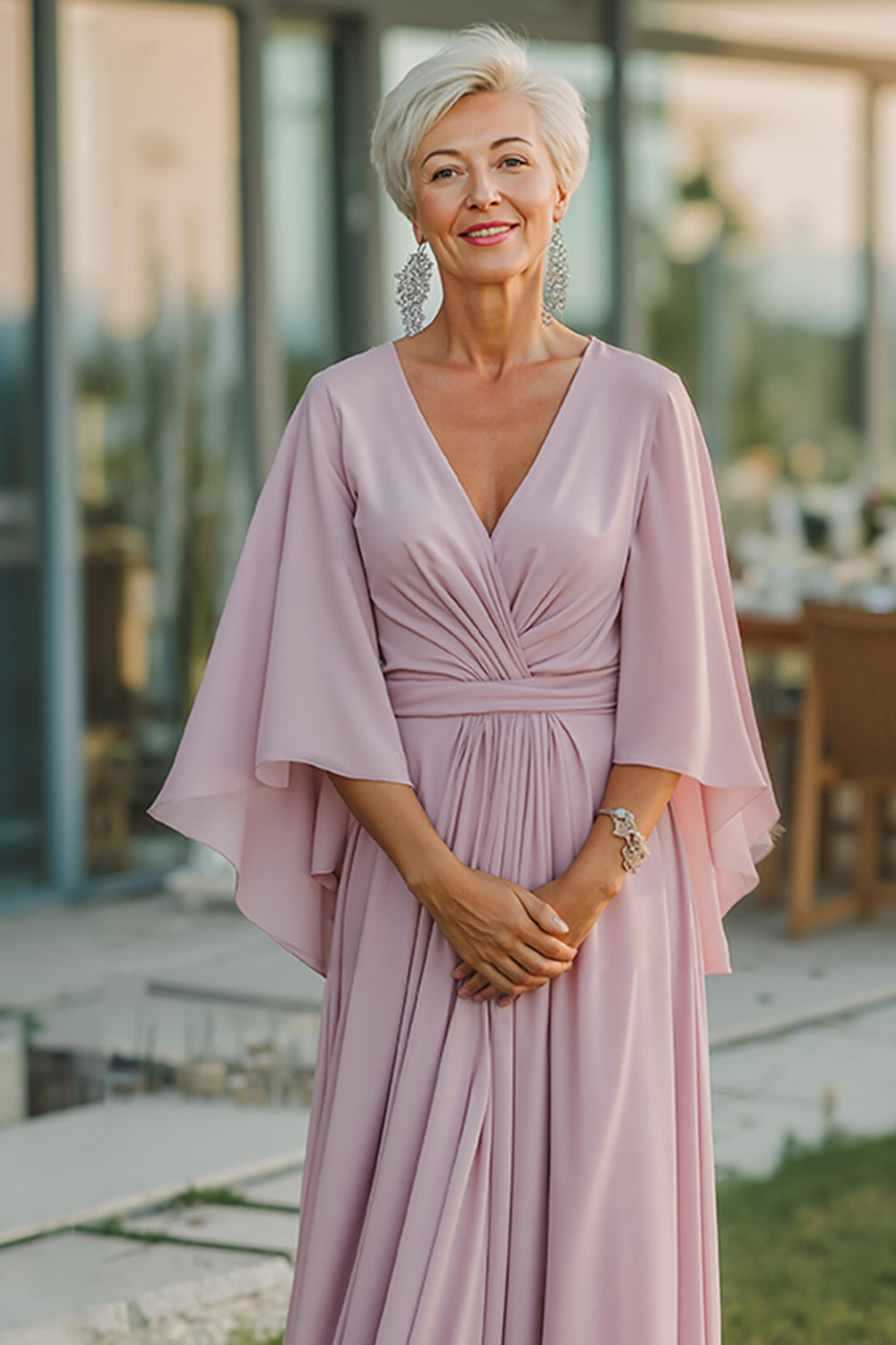 Dusty Rose A-Line V-Neck Chiffon Ruched Mother Of The Bride Dress