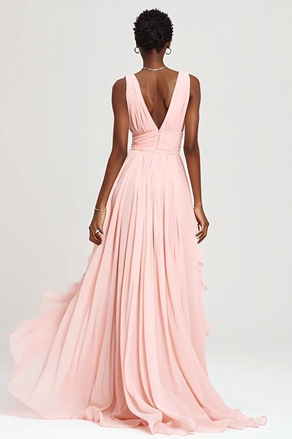 Pink Ruffled A-Line V-Neck Maxi Dress With Slit