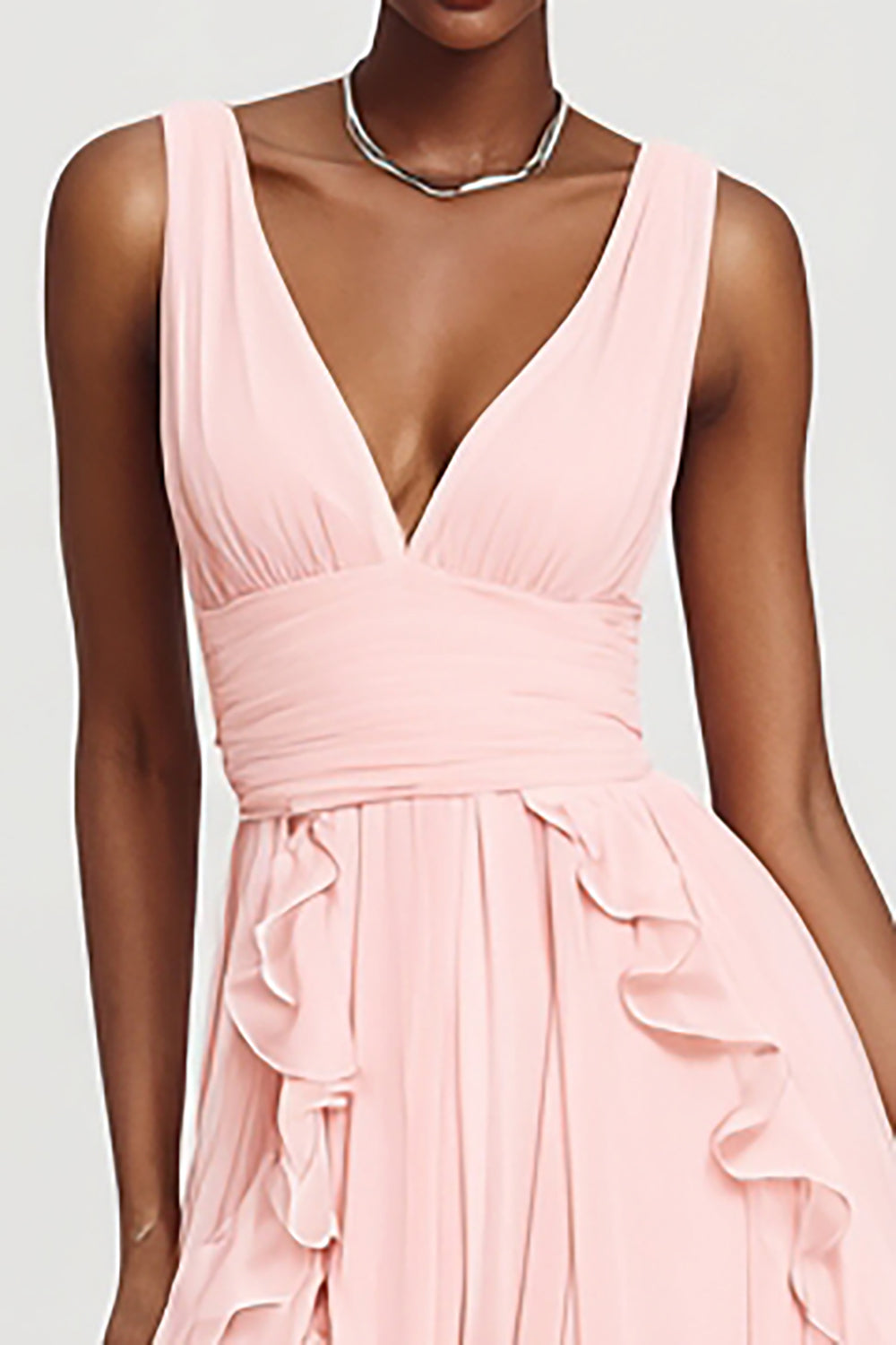 Pink Ruffled A-Line V-Neck Maxi Dress With Slit