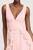 Pink Ruffled A-Line V-Neck Maxi Dress With Slit