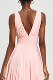 Pink Ruffled A-Line V-Neck Maxi Dress With Slit