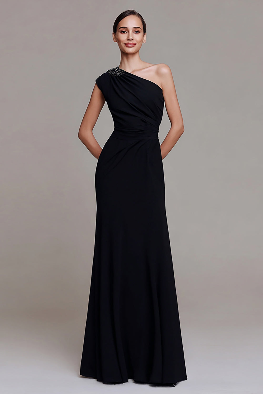 One Shoulder Maxi Black Tie Dress With Beading