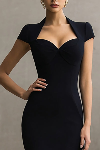 Berylove Women Black Semi-Formal Dress Sheath Midi Dress with Cap Sleeves