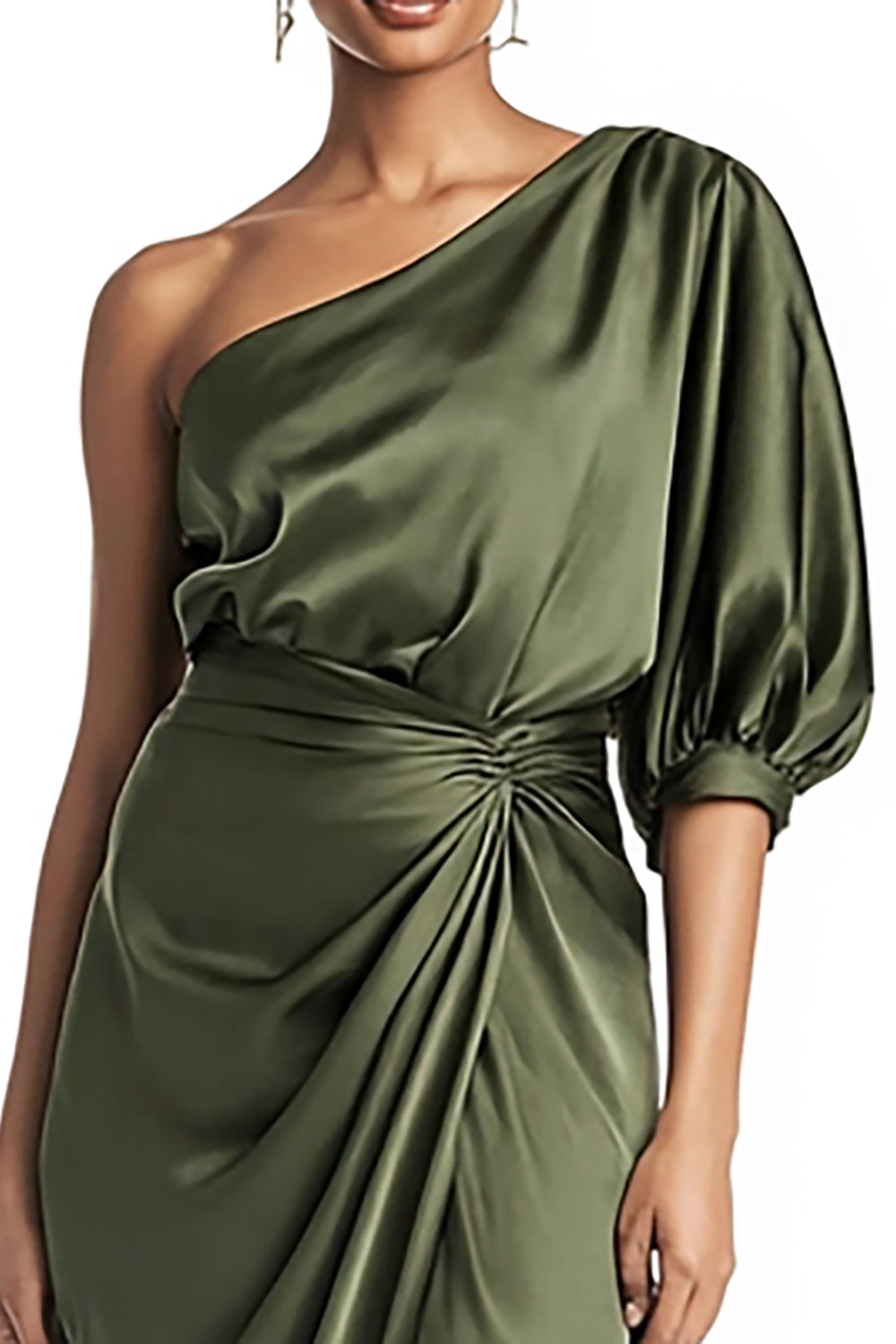 Olive One Shoulder Sheath Ruched Semi-Formal Dress