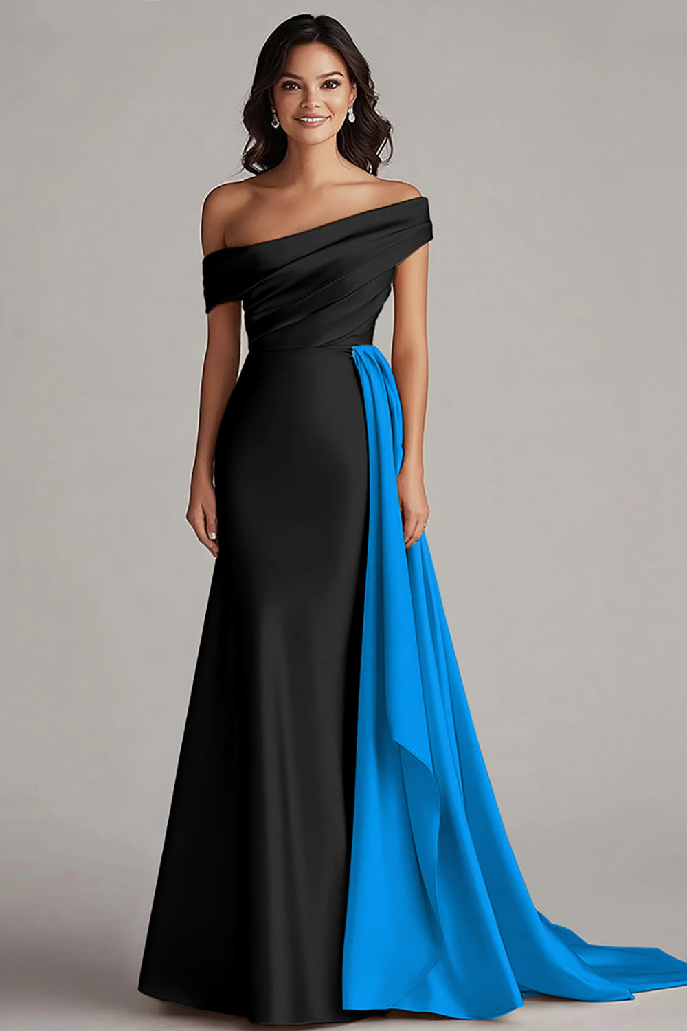 Black and White Off the Shoulder Long Formal Dress with Sash