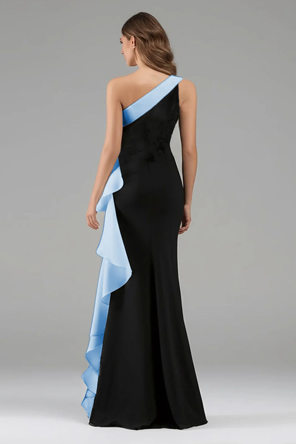 Black and Blue One Shoulder Ruffle Long Formal Dress with 3D Flower