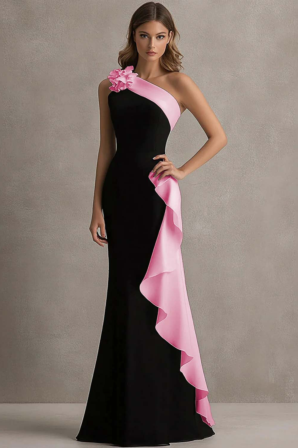 Black and Blue One Shoulder Ruffle Long Formal Dress with 3D Flower