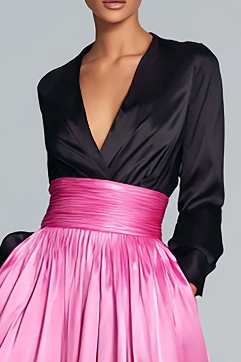 Black and Fuchsia Long Sleeve V-Neck A-Line Formal Dress