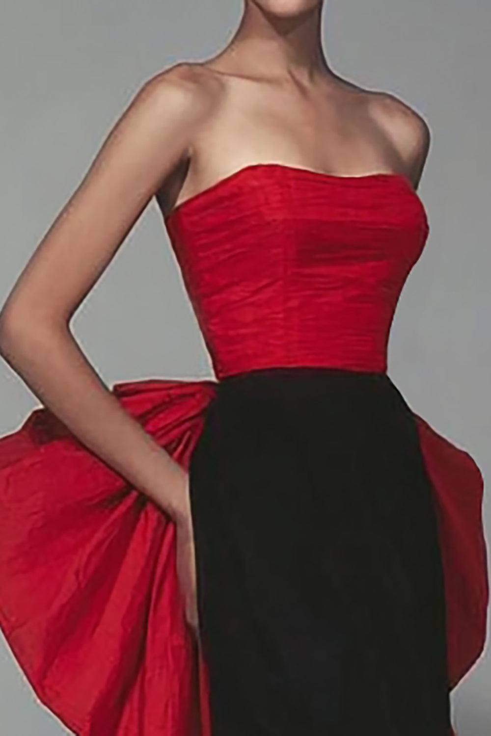 Black and Red Strapless Formal Dress With Cape Train
