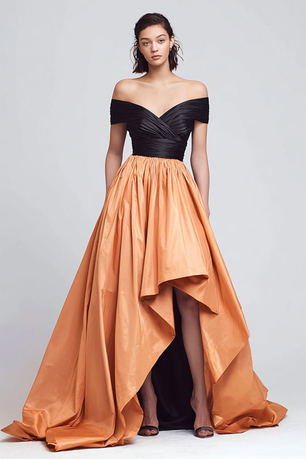 Black and Light Orange Off The Shoulder A-Line High-Low Formal Dress