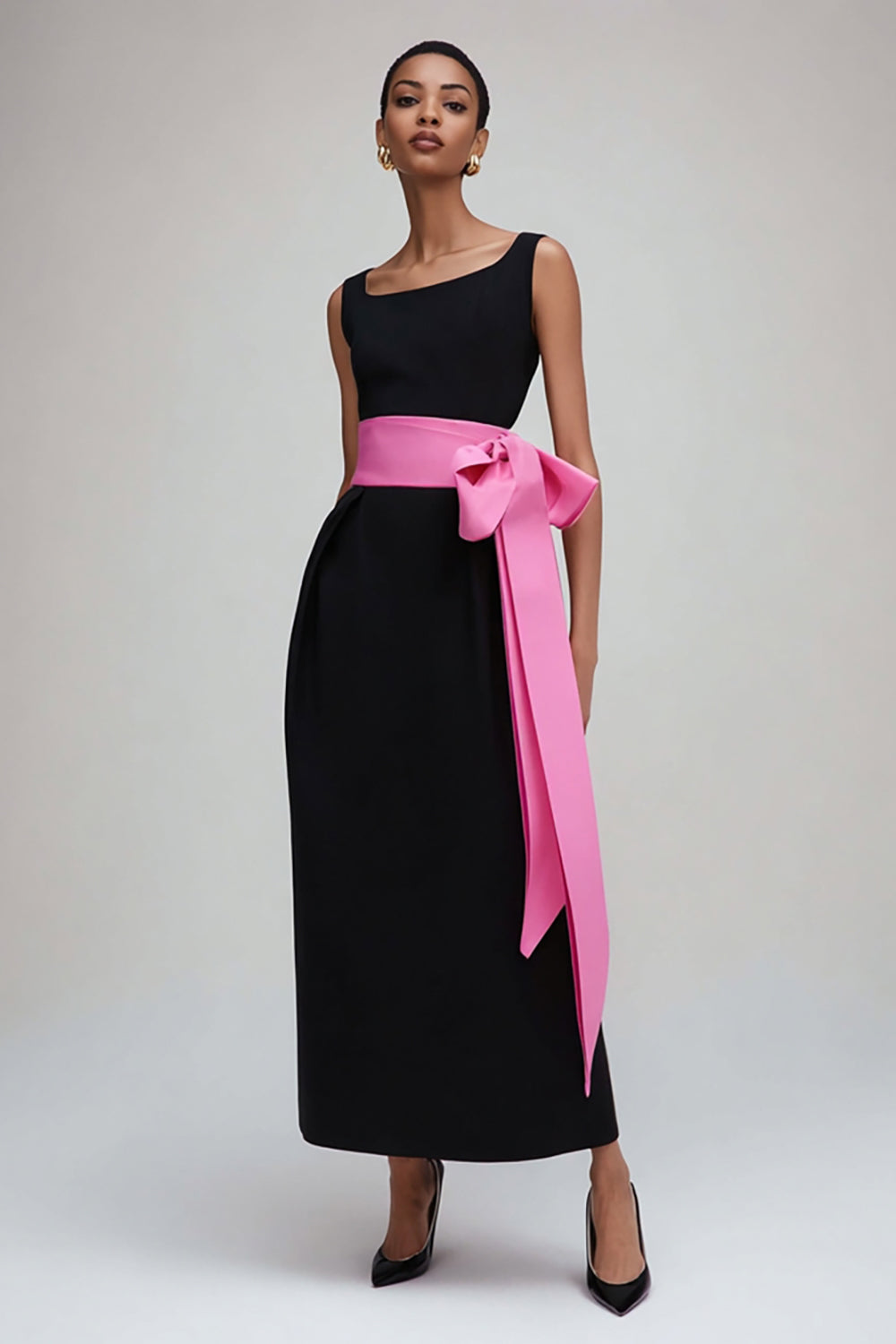 Black and Pink Sheath Formal Dress With Bow Sash