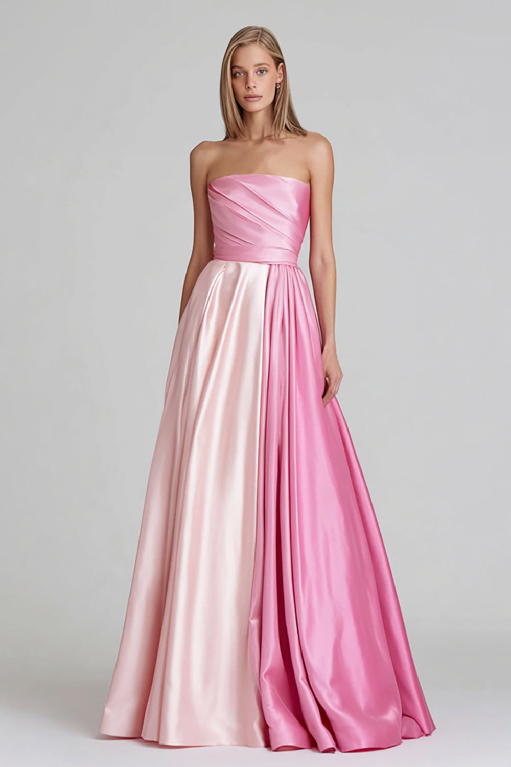 Pink Satin A-Line Strapless Ruched Long Formal Dress