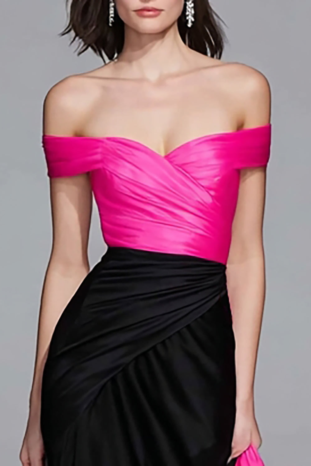 Off The Shoulder Sheath Black and Fuchsia Formal Dress With Overlay