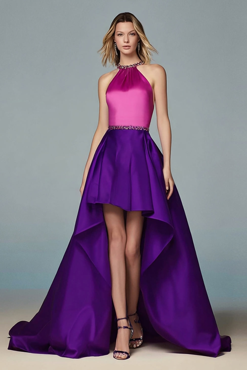 Fuchsia and Purple A-Line Satin Halter Beaded High-Low Formal Dress