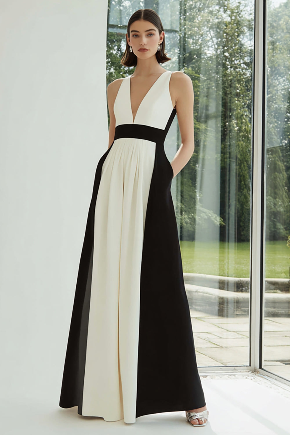 Black and White A-Line V-Neck Formal Dress