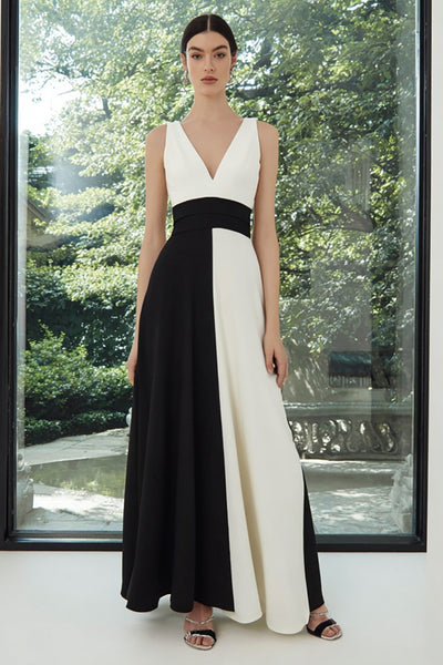 Berylove Women Black and White Formal Dress A-Line V-Neck Maxi Evening