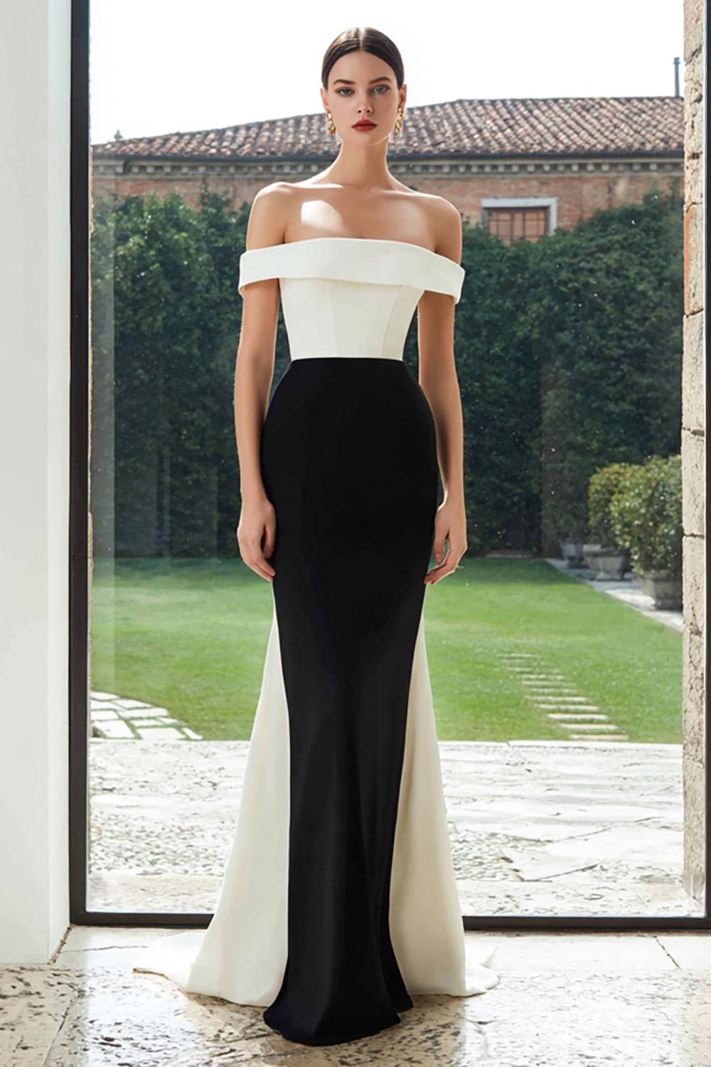 Off The Shoulder Mermaid Black and White Formal Dress