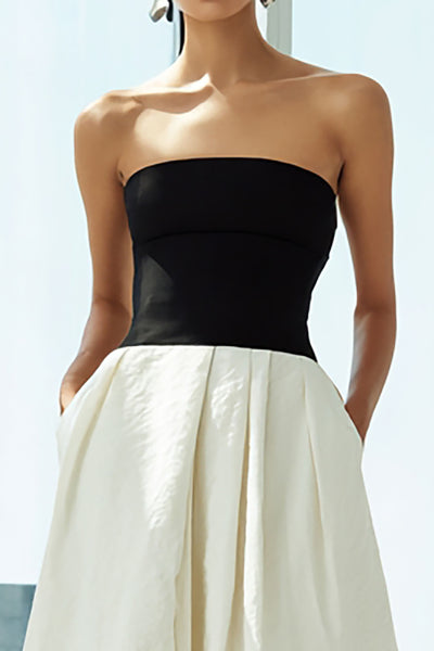 Berylove Women Black and White Formal Dress Strapless A-Line Maxi