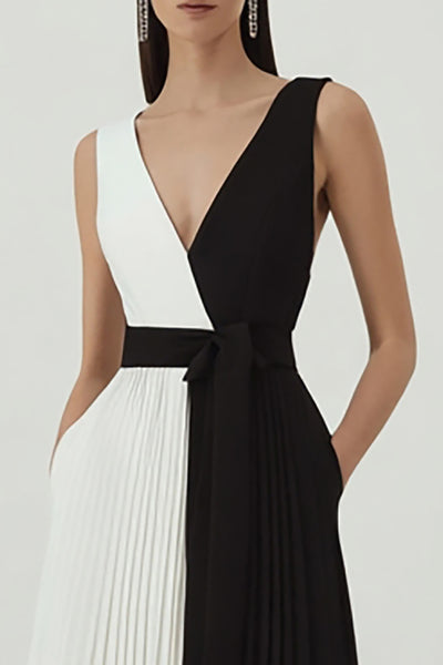 Berylove Women Black and White Formal Dress A-Line V-Neck Pleated