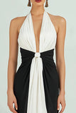 Halter Sheath Black and White Long Formal Dress
