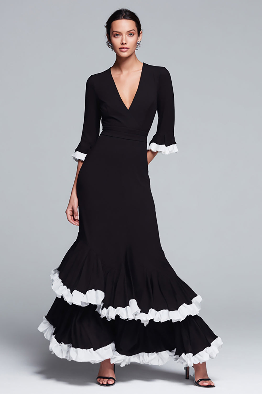 Ruffled Mermaid Black and White V-Neck Formal Dress