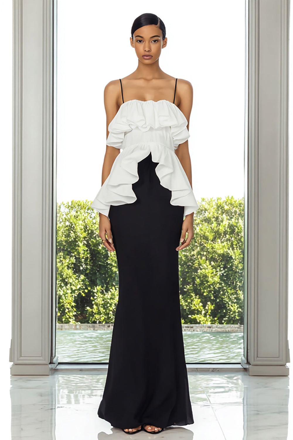 Black and White Ruffled Spaghetti Straps Long Formal Dress