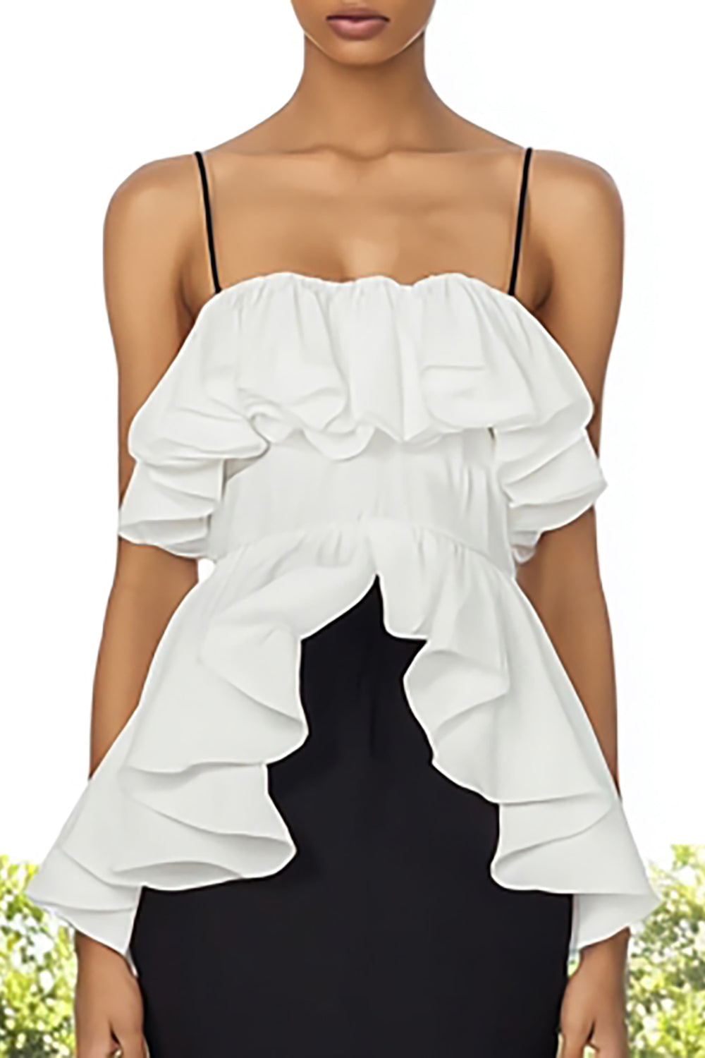 Black and White Ruffled Spaghetti Straps Long Formal Dress
