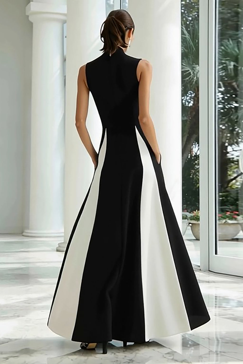 Black and White A-Line High Neck Long Formal Dress