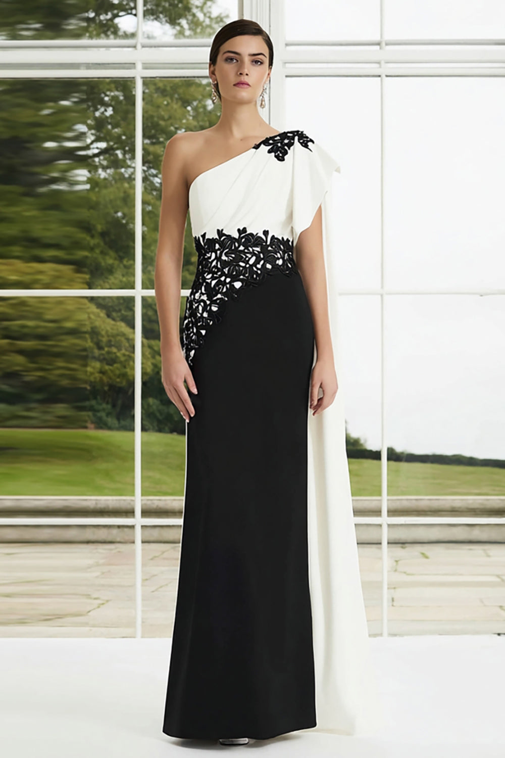 One Shoulder Sheath Black and White Formal Dress With Appliques