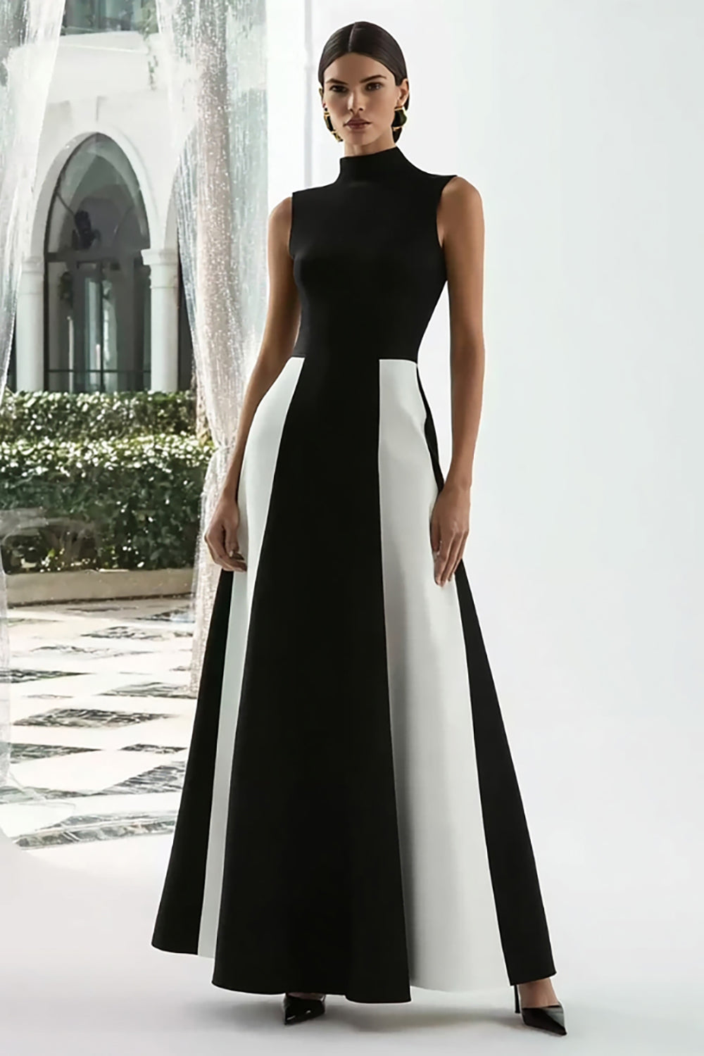 Elegant A-Line Black and White High Neck Long Formal Dress
