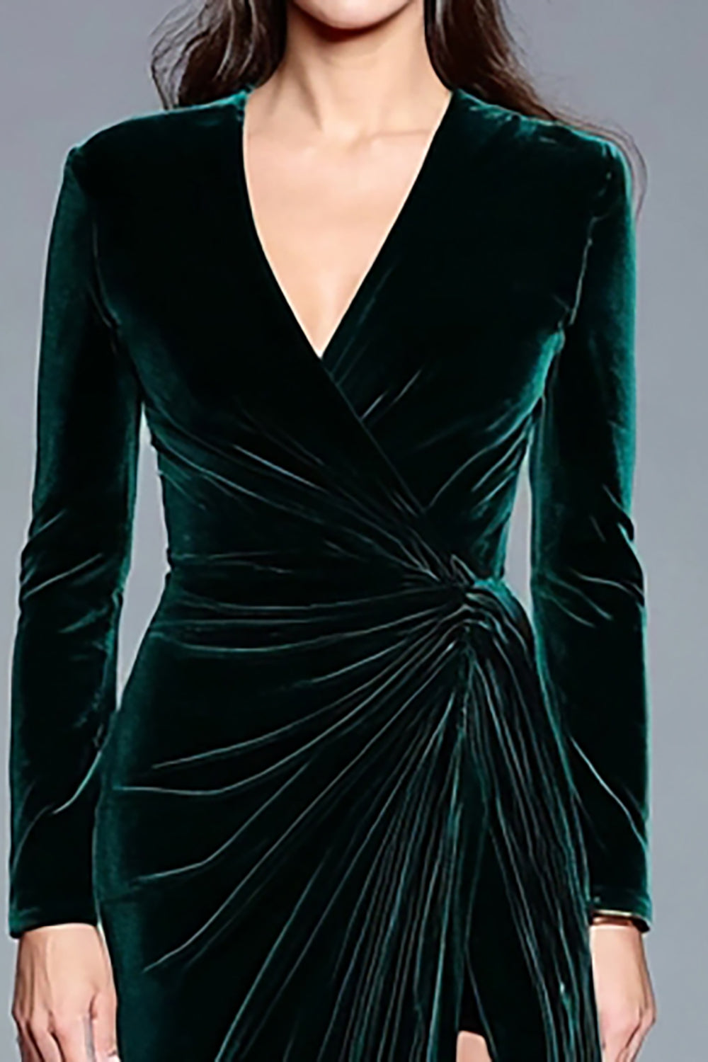 Dark Green Velvet V-Neck Ruched Formal Dress With Slit
